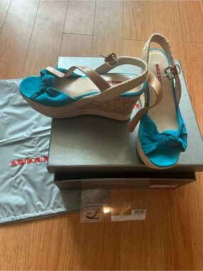 Prada Turquoise Bow Wedge Sandals with Tan Straps